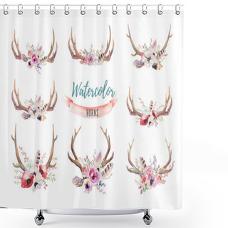 Personality  Hand Drawn Deer Horns With Flowers Shower Curtains