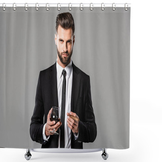 Personality  Successful Businessman In Black Suit Holding Glass With Whiskey And Cigar Isolated On Grey Shower Curtains