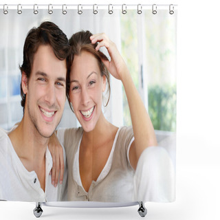 Personality  Portrait Of Smiling Young Couple At Home Shower Curtains