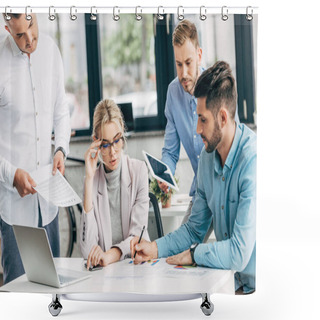 Personality  Young Businesswoman In Eyeglasses Working With Male Colleagues In Office Shower Curtains