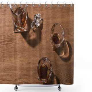 Personality  Top View Of Brandy In Glasses And Decanter On Wooden Table Shower Curtains