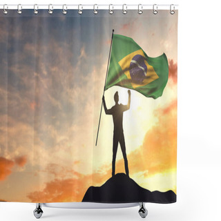 Personality  Brazil Flag Being Waved By A Man Celebrating Success At The Top  Shower Curtains