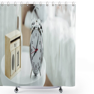 Personality  Selective Focus Of Alarm Clock And Calendar In Bedroom At Morning  Shower Curtains