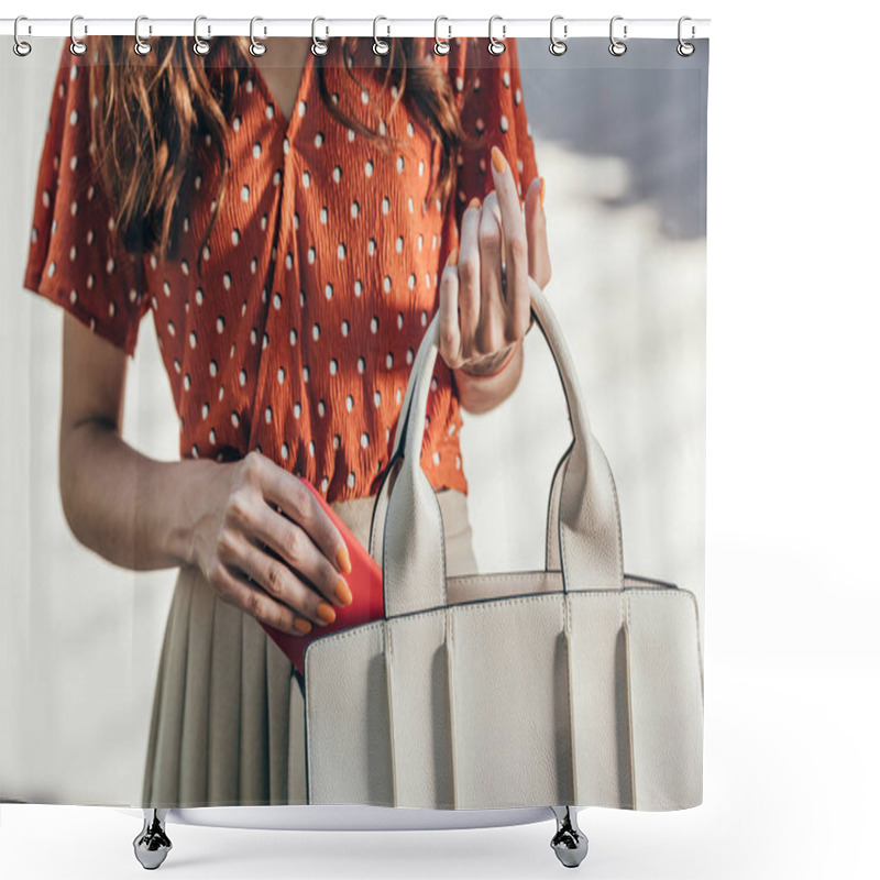 Personality  Cropped Shot Of Woman Putting Smartphone Into Female Bag Shower Curtains