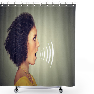 Personality  Side Profile Young Woman Talking With Sound Waves Coming Out Of Her Mouth  Shower Curtains