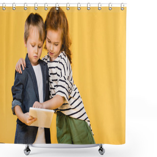 Personality  Portrait Of Children Using Tablet Together Isolated On Yellow Shower Curtains