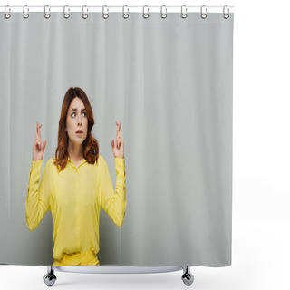 Personality  Worried Woman Standing With Crossed Fingers And Looking Away On Grey Shower Curtains