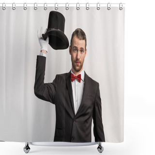 Personality  Emotional Magician In Gloves Holding Hat, Isolated On Grey Shower Curtains