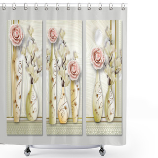 Personality  Illustration Vase. Golden Branches And Lines With Rose Flowers And Pearl In Light Background. Canvas Art For Wall Frame . Shower Curtains
