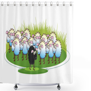 Personality  A Cartoon Illustration Of A Flock Of White Coated Sheep With A Single Black Sheep To The Foreground. All Set On A Green Grass Base. Shower Curtains