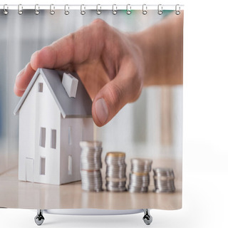 Personality  Cropped View Of Businessman Touching Roof Of House Model Near Stacked Coins Shower Curtains