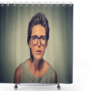 Personality  Displeased Unsure Arguable Suspicious Thinking Young Lady In Glasses Shower Curtains