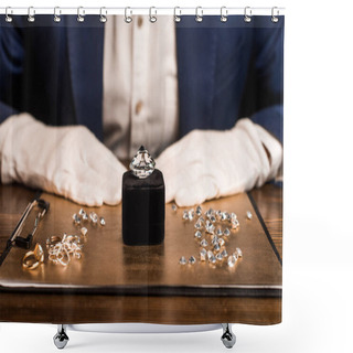 Personality  Cropped View Of Gemstone Near Jewelry On Board And Jewelry Appraiser At Table Isolated On Black  Shower Curtains