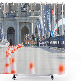 Personality  Distant Group Of Fighting Triathlete Cyclists, Royal Castle In T Shower Curtains