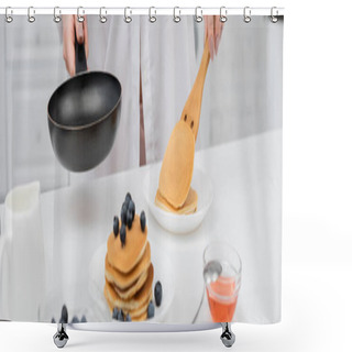 Personality  Cropped View Of Woman In Shirt Putting Pancake On Plate Near Fresh Blueberries In Kitchen, Banner  Shower Curtains