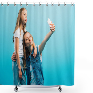 Personality  Young Mother In Denim Vest And Daughter In White T-shirt Making Duck Faces While Taking Selfie On Smartphone Isolated On Blue Shower Curtains