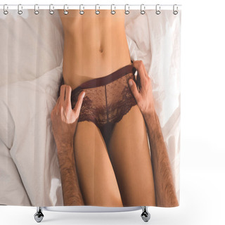 Personality  Cropped View Of Man Undressing Woman In Lingerie On Bed Shower Curtains