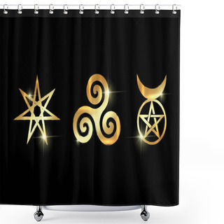 Personality  Set Of Witches Runes, Golden Wiccan Divination Symbols. The Elven Star Or The Seven-pointed Star, The Triskele Or Triskelion, The Horned God. Gold Shiny Ancient Occult Symbols Vector Isolated On Black Shower Curtains