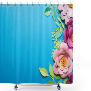 Personality  Top View Of Colorful Paper Cut Flowers With Green Leaves On Blue Background With Copy Space Shower Curtains