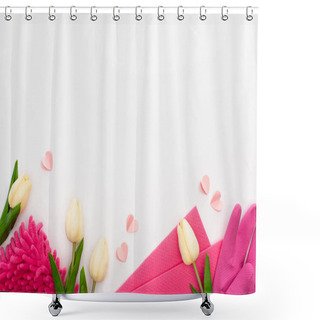 Personality  Top View Of Spring Tulips And Pink Cleaning Supplies On White Background Shower Curtains