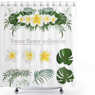 Personality  Vector Border Of Frangipani Flowers And Plants. Compositions Of Plants. Plants Isolated On A White Background. Monstera, Palm Leaves, Tropical Plants. Elements For Floral Design. Shower Curtains