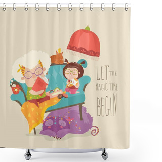 Personality  Grandmother Reading Fairytales To Her Granddaughter Shower Curtains