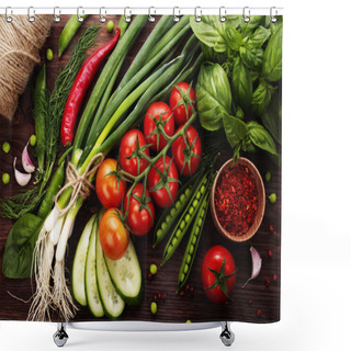 Personality  Vegetarian Concept With Fresh Vegetables On Wooden Board Shower Curtains