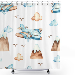 Personality  Airplane, Mountains, Clouds On White Background. Watercolor Boho Seamless Pattern For Boys Shower Curtains