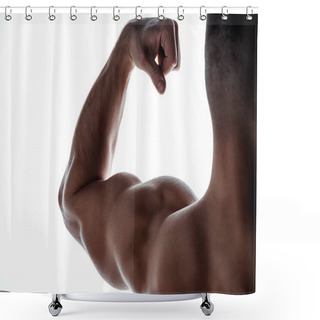 Personality  Cropped View Of Muscular Bodybuilder Showing Triceps In Shadow Isolated On White Shower Curtains