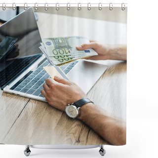 Personality  Partial View Of Person Holding Credit Card And Euro Banknotes At Workplace With Laptop Shower Curtains