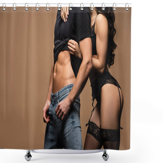 Personality  Cropped View Of Intimate Girlfriend In Black Lingerie Hugging Sexy Boyfriend Isolated On Beige  Shower Curtains