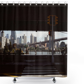 Personality  NEW YORK, USA - NOVEMBER 26, 2022: People On Embankment Of East River With View Of Manhattan Bridge Shower Curtains