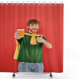 Personality  Morning Coffee, Energy, Like, Redhead Man With Beard And Curly Hair Holding Paper Cup On Coral Background, Vibrant Colors, Male Fashion, Takeaway Drink, Male Portrait, Hot Beverage Shower Curtains