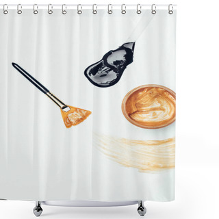 Personality  Top View Of Golden Mask In Container, Brush, Smudge And Spoon With Black Mask Isolated On White Surface  Shower Curtains