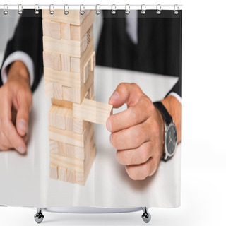 Personality  Cropped View Of Businessman In Suit Playing Blocks Wood Game  Shower Curtains