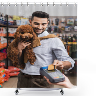 Personality  Cheerful Muslim Man Holding Poodle And Paying With Credit Card Near Seller In Pet Shop  Shower Curtains