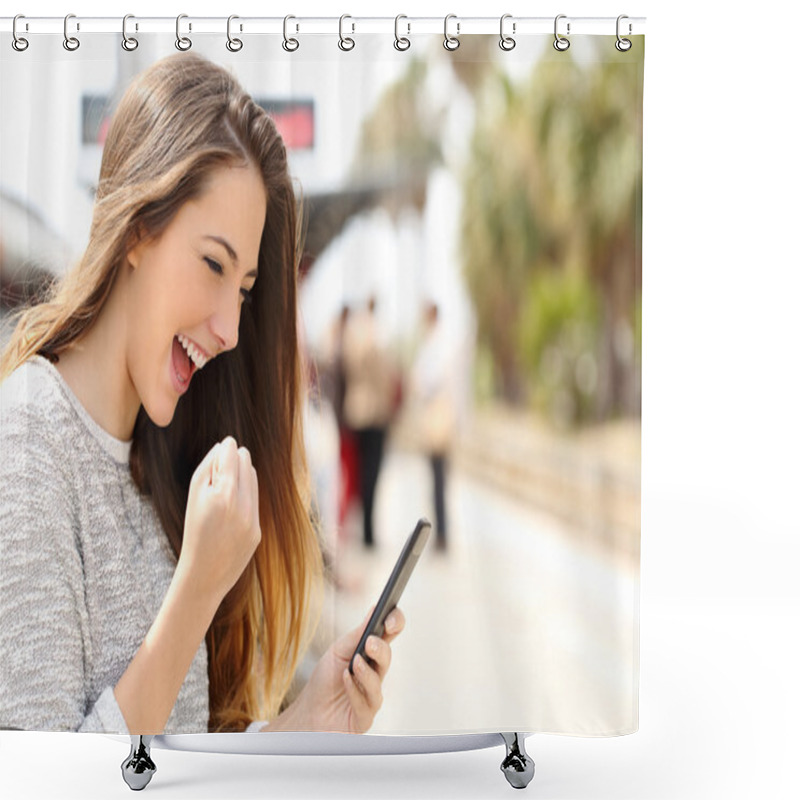 Personality  Euphoric Woman Watching Her Smart Phone In A Train Station Shower Curtains
