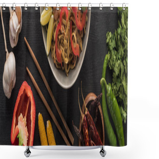 Personality  Top View Of Tasty Spicy Thai Noodles With Garlic, Parsley, Corn, Bell Pepper, Jalapenos Near Chopsticks On Wooden Grey Surface, Panoramic Shot Shower Curtains