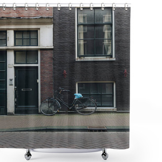 Personality  Facade Of Old Building With Parked Bicycle, Amsterdam, Netherlands Shower Curtains