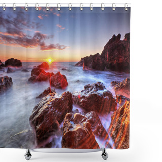 Personality  Sunrise On Rocky Shore And Dramatic Sky Clouds Shower Curtains