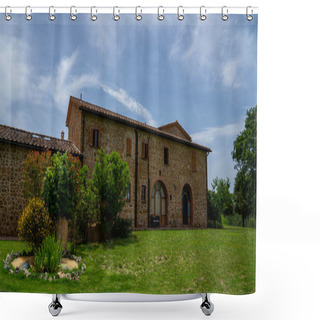 Personality  A Beautiful Hilltop Manor House Surrounded By Fields And Vineyards In Tuscany. Picturesque Old Cozy House With A Tiled Roof. The Winery. Eco Tourism. Countryside Farm. Italy, Europe. Shower Curtains