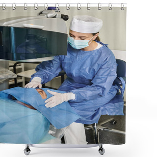 Personality  A Woman In A Hospital Gown Operates A Machine For Laser Vision Correction. Shower Curtains