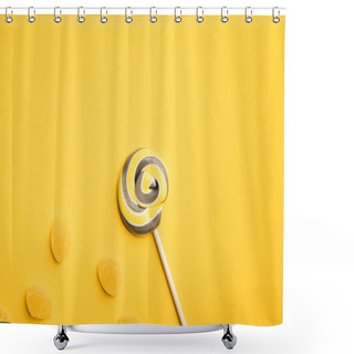 Personality  Top View Of Delicious Round Lollipop On Wooden Stick And Jellies On Yellow Background Shower Curtains