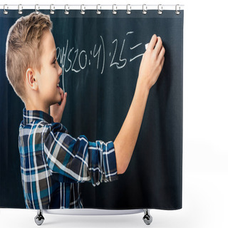 Personality  Smiling Boy Writing Math Example On Blackboard With Chalk Shower Curtains