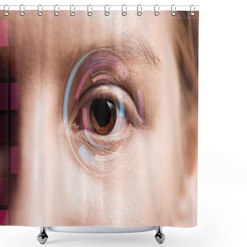 Personality  close up view of human eye with data illustration, robotic concept shower curtains