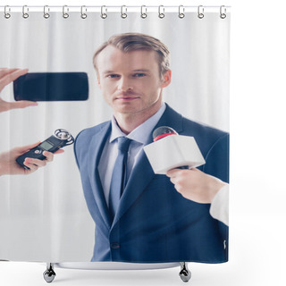 Personality  Handsome Businessman Giving Interview To Journalists And Looking At Camera In Office Shower Curtains