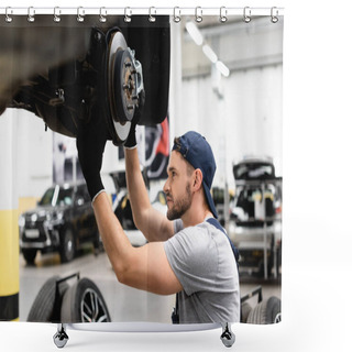Personality  Side View Of Mechanic In Rubber Gloves Touching Car Brake And Fixing Vehicle  Shower Curtains