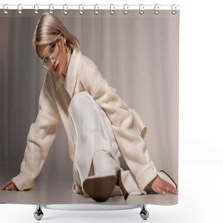 Personality  Attractive Woman In White Coat And Trousers Looking At Camera On Grey Background  Shower Curtains