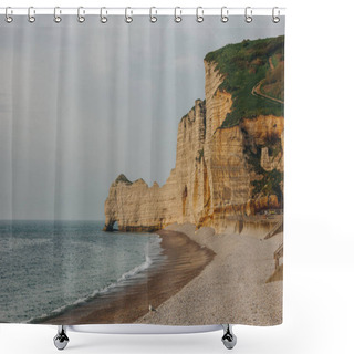 Personality  Scenic Shot Of Dramatic Seashore On Cloudy Day At Etretat, France Shower Curtains