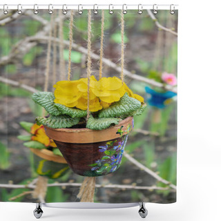 Personality  Spring Flower Plants In Pots Hanging On Tree In Springtime Garden. Blooming Flowers Season. Wallpaper Background Copy Space. Design Exterior Idea For Home Garden Shower Curtains